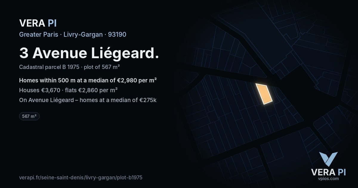 3 Avenue Liégeard, Livry-Gargan at night – the plot lit, the parcels around coloured by the prices near them