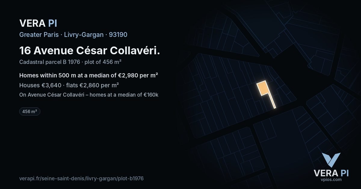 16 Avenue César Collavéri, Livry-Gargan at night – the plot lit, the parcels around coloured by the prices near them