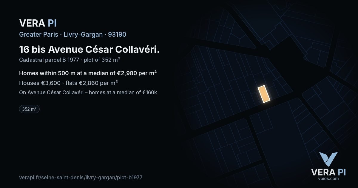 16 bis Avenue César Collavéri, Livry-Gargan at night – the plot lit, the parcels around coloured by the prices near them