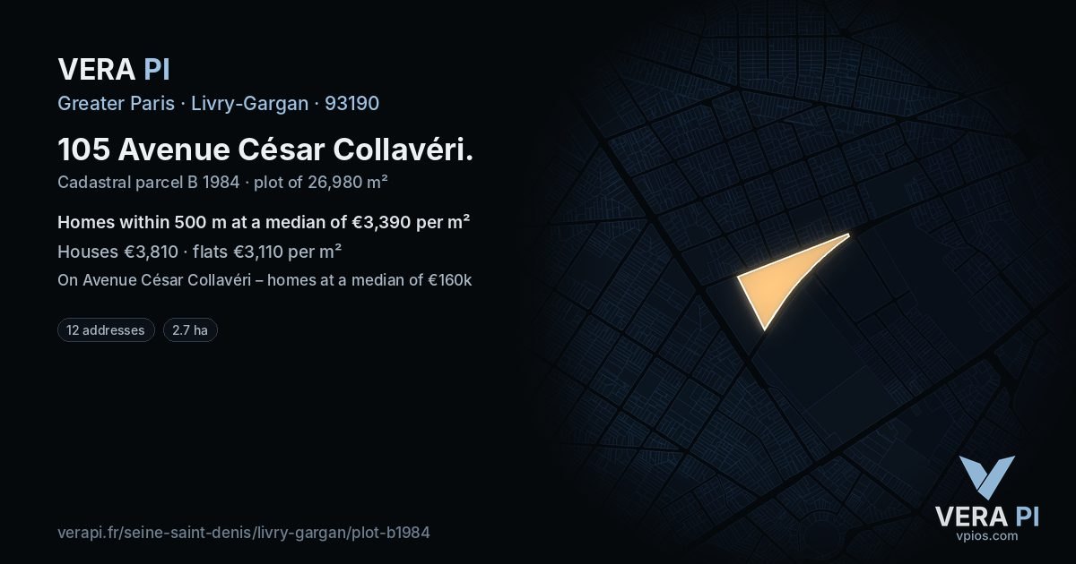 105 Avenue César Collavéri, Livry-Gargan at night – the plot lit, the parcels around coloured by the prices near them