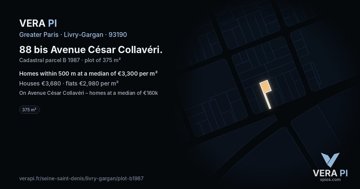 88 bis Avenue César Collavéri, Livry-Gargan at night – the plot lit, the parcels around coloured by the prices near them