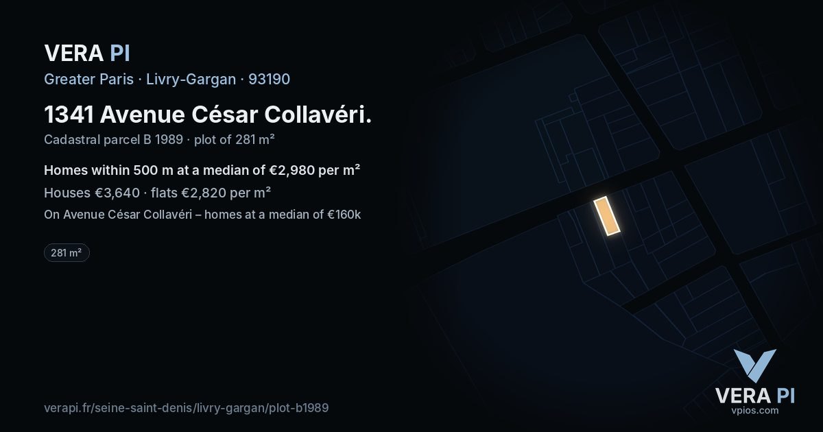 1341 Avenue César Collavéri, Livry-Gargan at night – the plot lit, the parcels around coloured by the prices near them