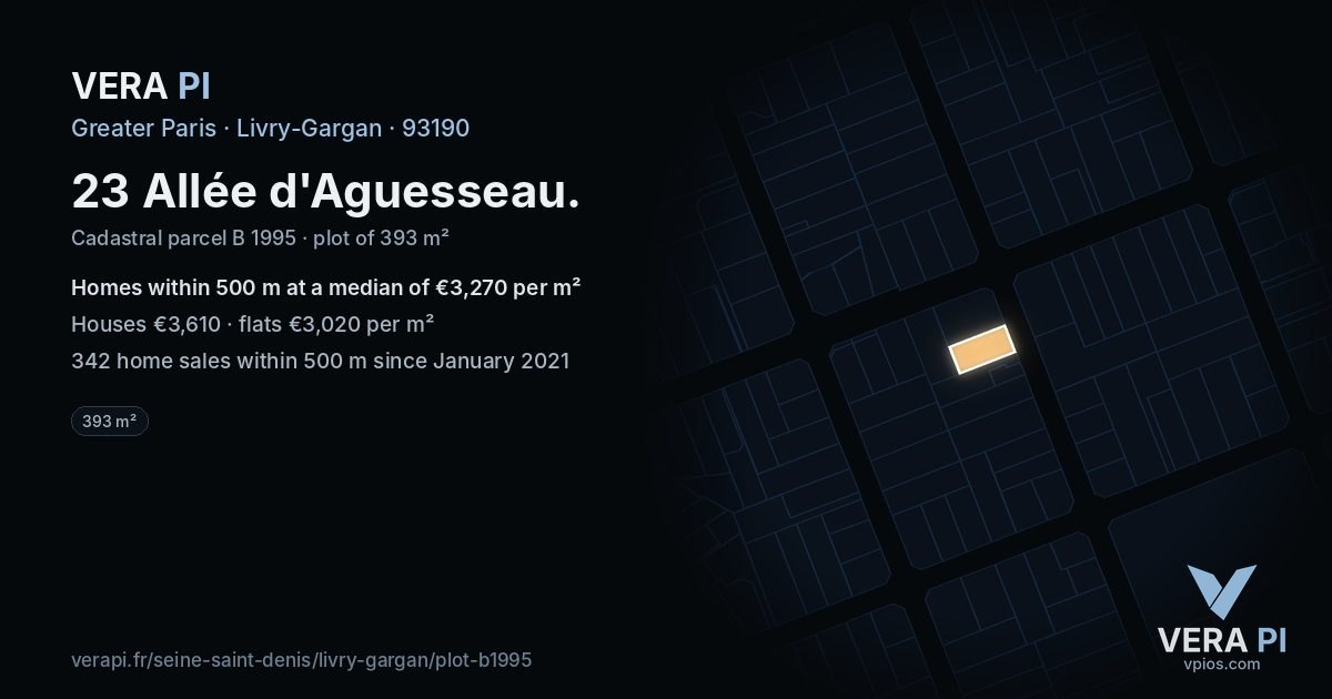23 Allée d'Aguesseau, Livry-Gargan at night – the plot lit, the parcels around coloured by the prices near them