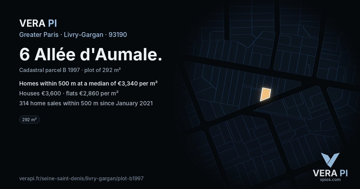 6 Allée d'Aumale, Livry-Gargan at night – the plot lit, the parcels around coloured by the prices near them