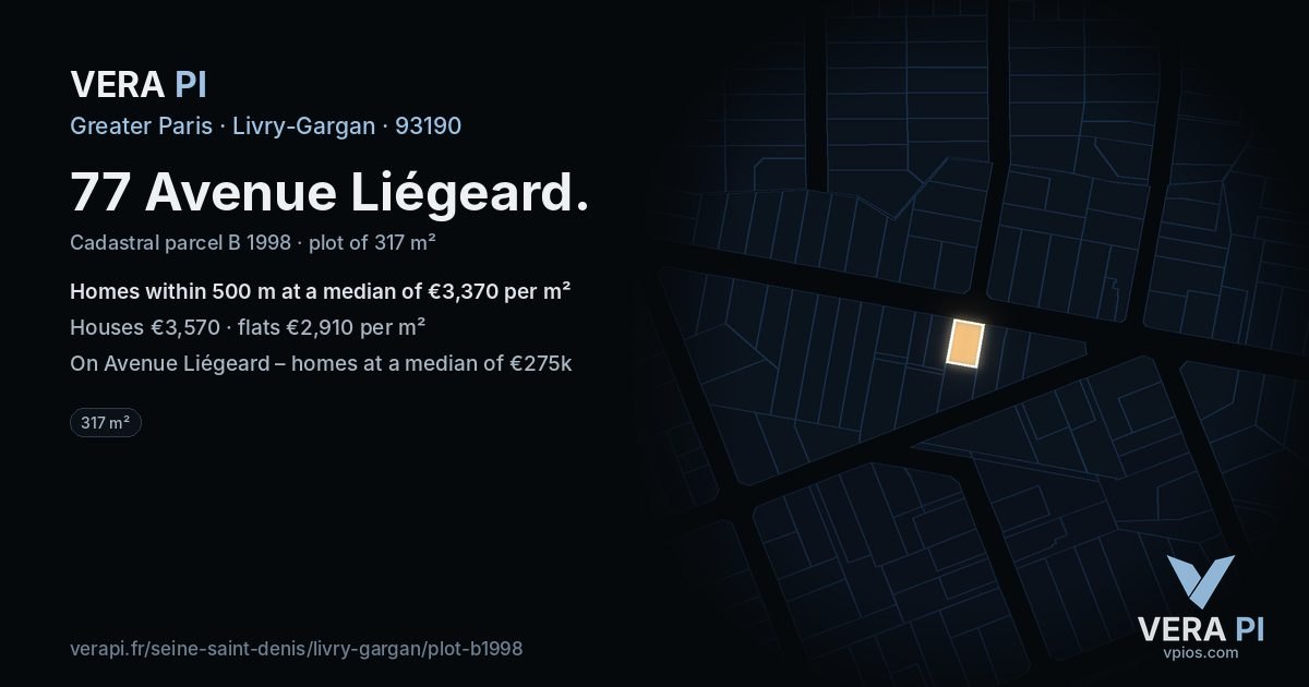 77 Avenue Liégeard, Livry-Gargan at night – the plot lit, the parcels around coloured by the prices near them