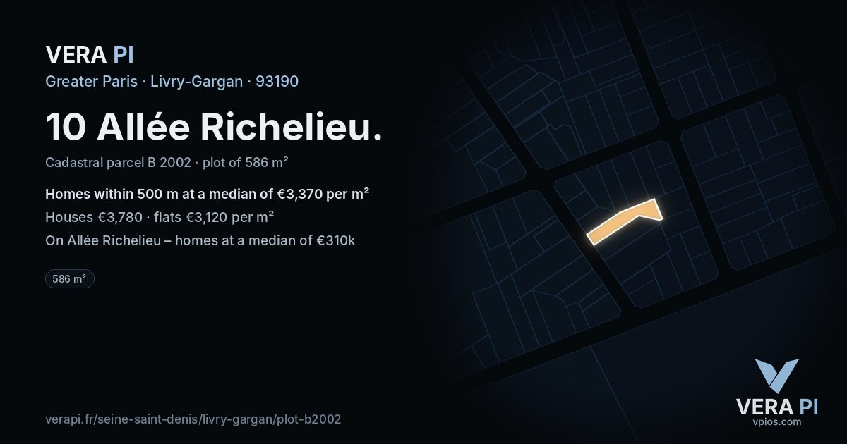 10 Allée Richelieu, Livry-Gargan at night – the plot lit, the parcels around coloured by the prices near them