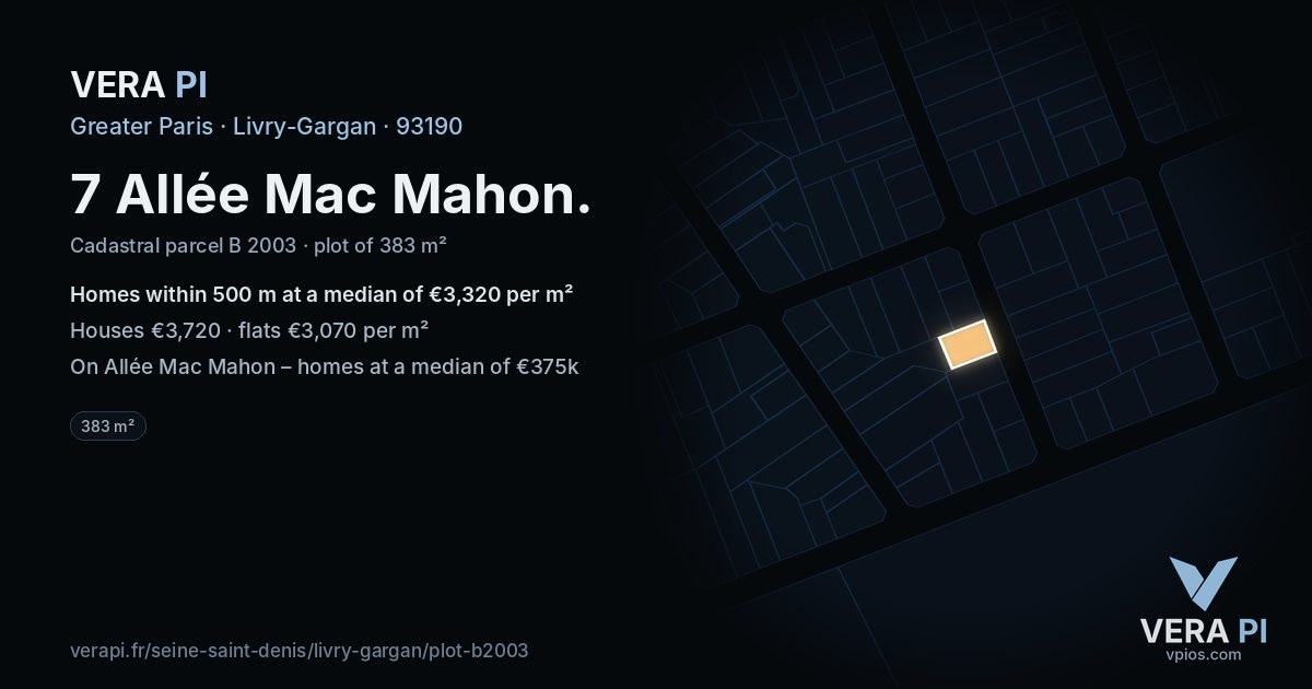 7 Allée Mac Mahon, Livry-Gargan at night – the plot lit, the parcels around coloured by the prices near them