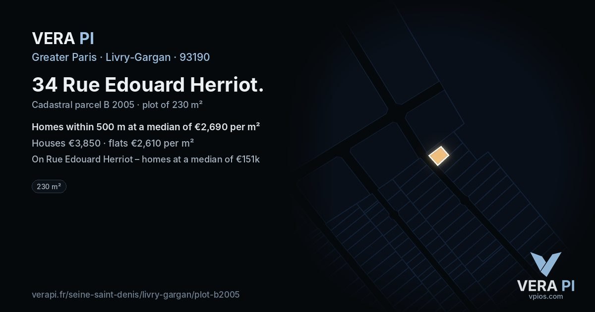 34 Rue Edouard Herriot, Livry-Gargan at night – the plot lit, the parcels around coloured by the prices near them