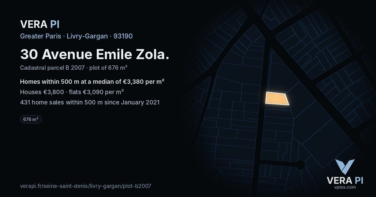 30 Avenue Emile Zola, Livry-Gargan at night – the plot lit, the parcels around coloured by the prices near them