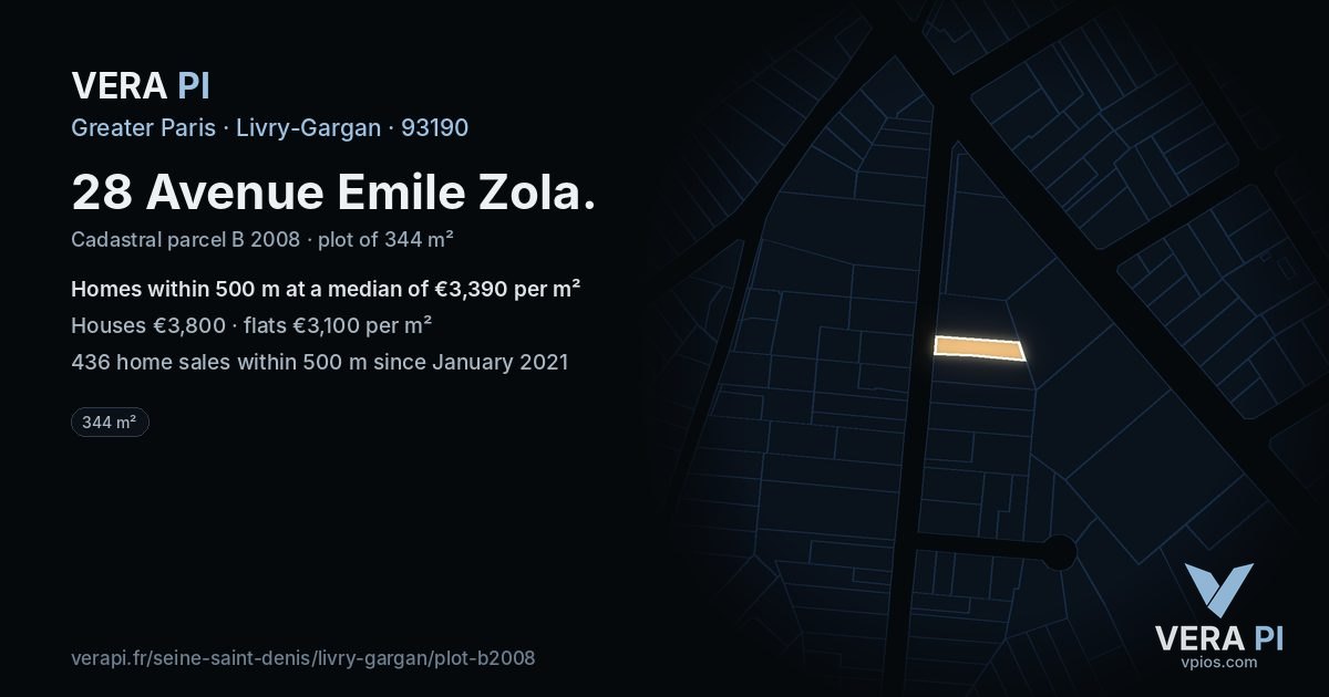 28 Avenue Emile Zola, Livry-Gargan at night – the plot lit, the parcels around coloured by the prices near them