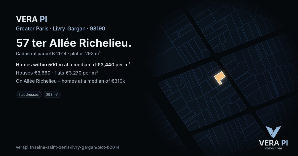57 ter Allée Richelieu, Livry-Gargan at night – the plot lit, the parcels around coloured by the prices near them