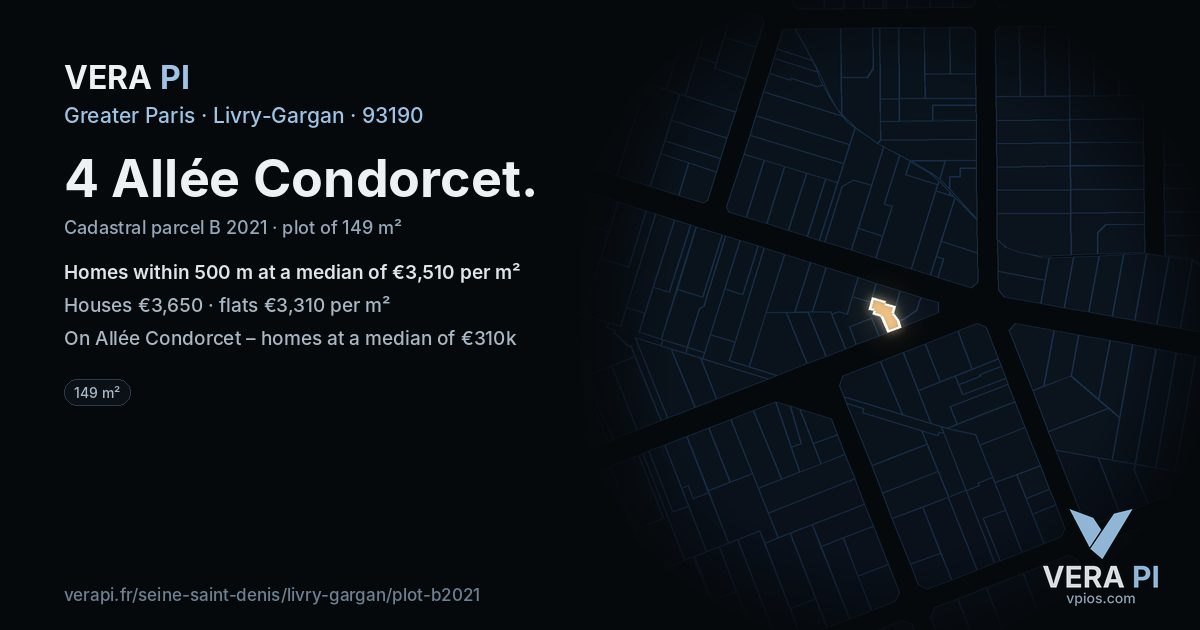4 Allée Condorcet, Livry-Gargan at night – the plot lit, the parcels around coloured by the prices near them