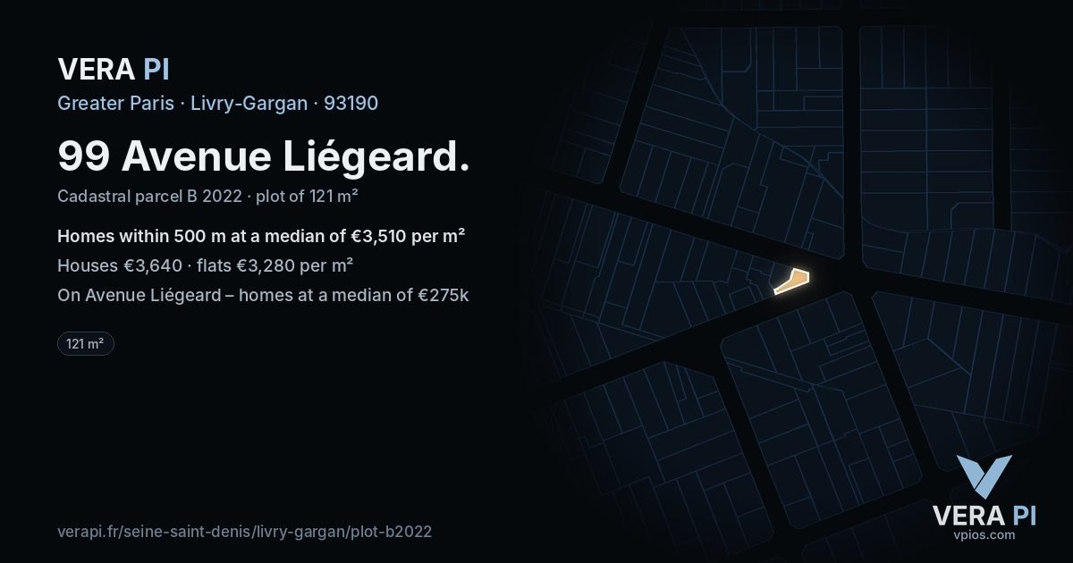 99 Avenue Liégeard, Livry-Gargan at night – the plot lit, the parcels around coloured by the prices near them