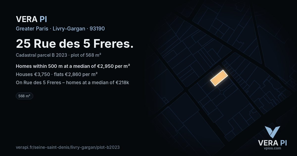 25 Rue des 5 Freres, Livry-Gargan at night – the plot lit, the parcels around coloured by the prices near them