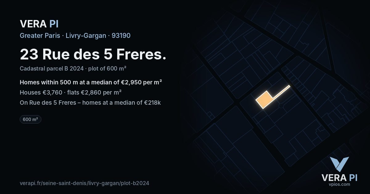 23 Rue des 5 Freres, Livry-Gargan at night – the plot lit, the parcels around coloured by the prices near them