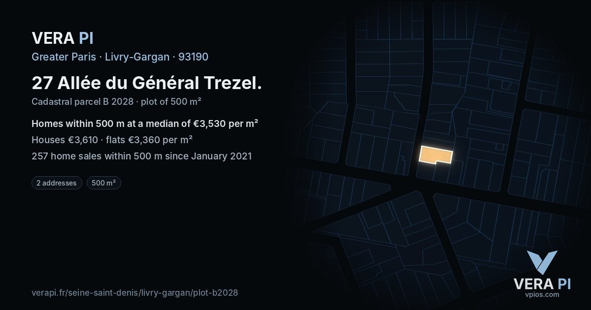 27 Allée du Général Trezel, Livry-Gargan at night – the plot lit, the parcels around coloured by the prices near them