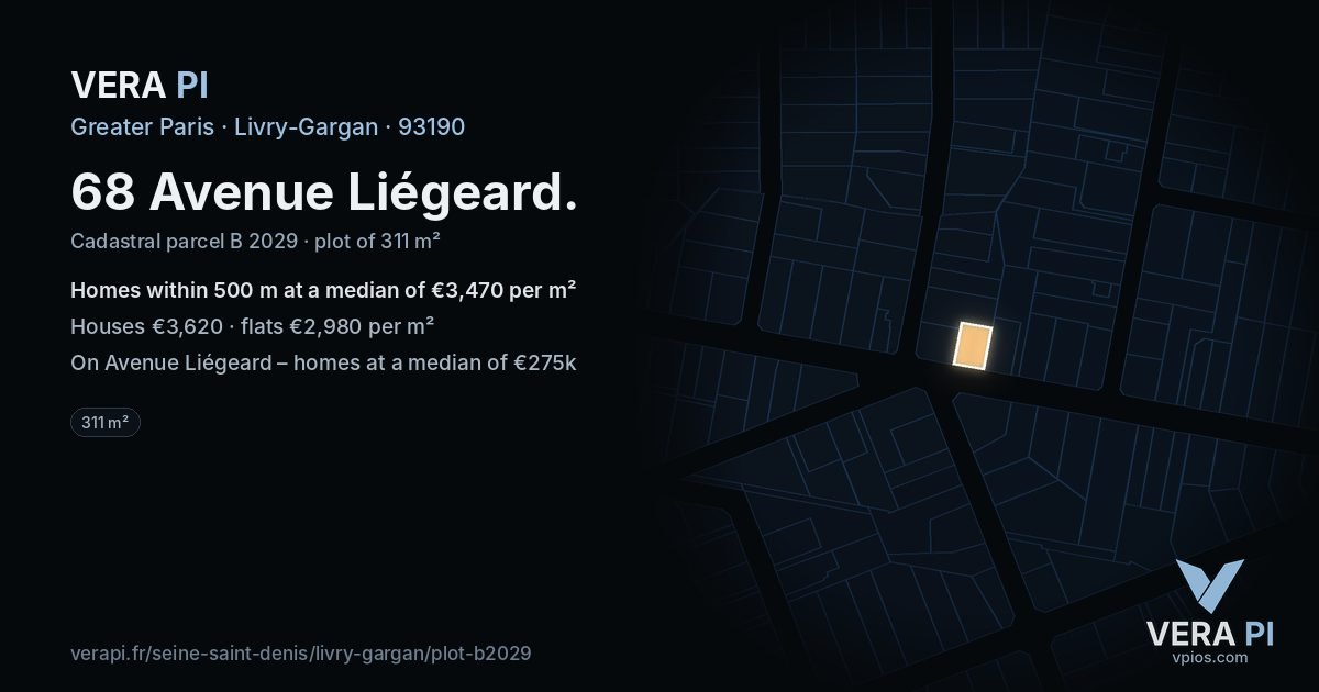 68 Avenue Liégeard, Livry-Gargan at night – the plot lit, the parcels around coloured by the prices near them