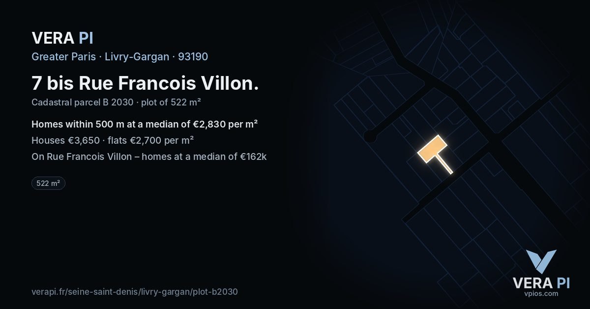 7 bis Rue Francois Villon, Livry-Gargan at night – the plot lit, the parcels around coloured by the prices near them