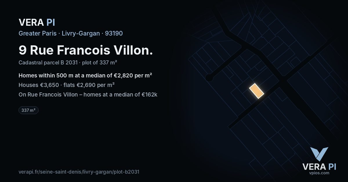 9 Rue Francois Villon, Livry-Gargan at night – the plot lit, the parcels around coloured by the prices near them