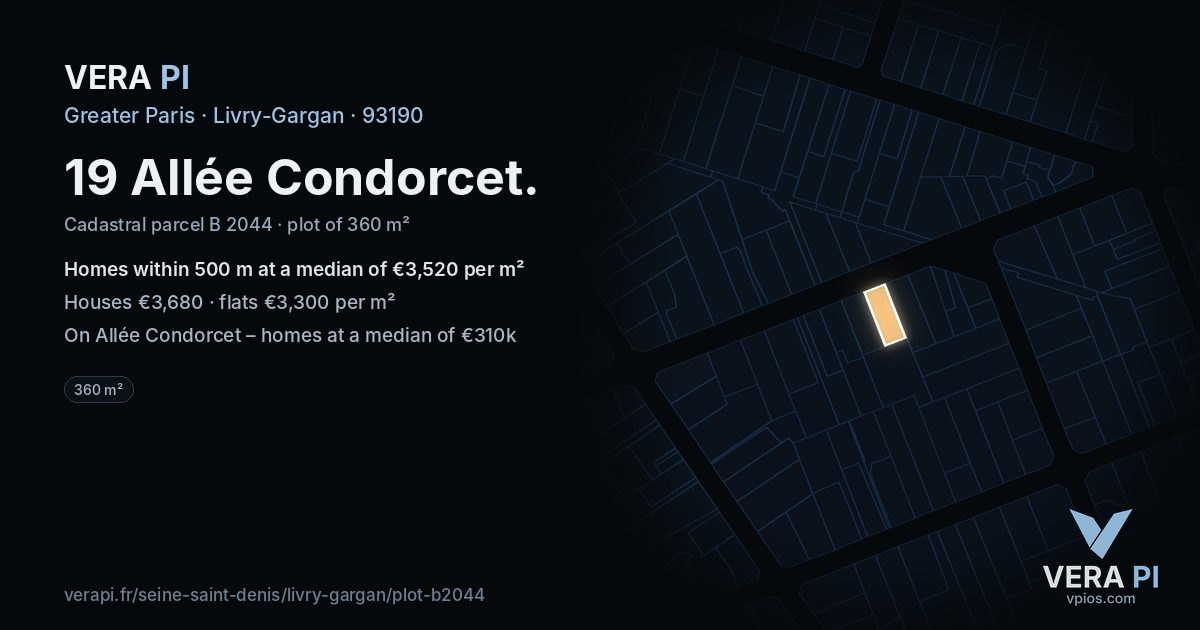 19 Allée Condorcet, Livry-Gargan at night – the plot lit, the parcels around coloured by the prices near them
