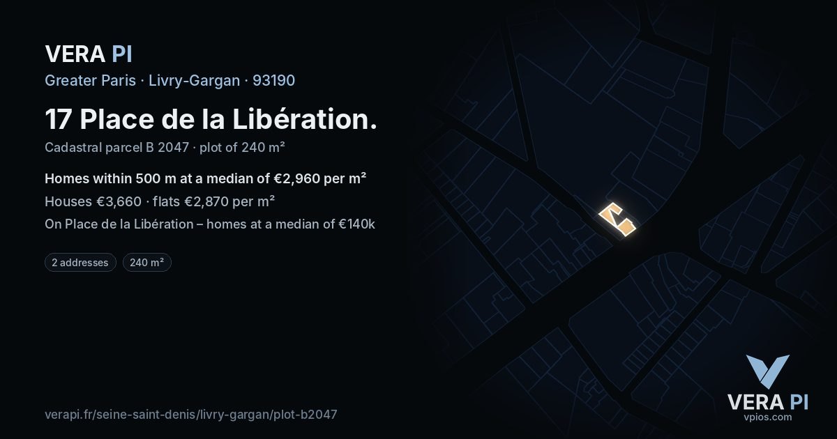 17 Place de la Libération, Livry-Gargan at night – the plot lit, the parcels around coloured by the prices near them