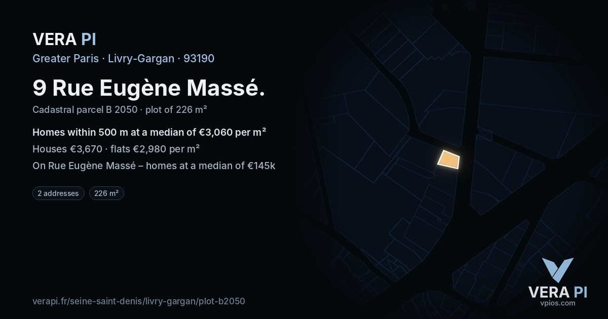 9 Rue Eugène Massé, Livry-Gargan at night – the plot lit, the parcels around coloured by the prices near them