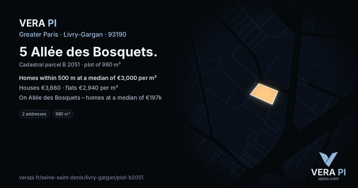 5 Allée des Bosquets, Livry-Gargan at night – the plot lit, the parcels around coloured by the prices near them