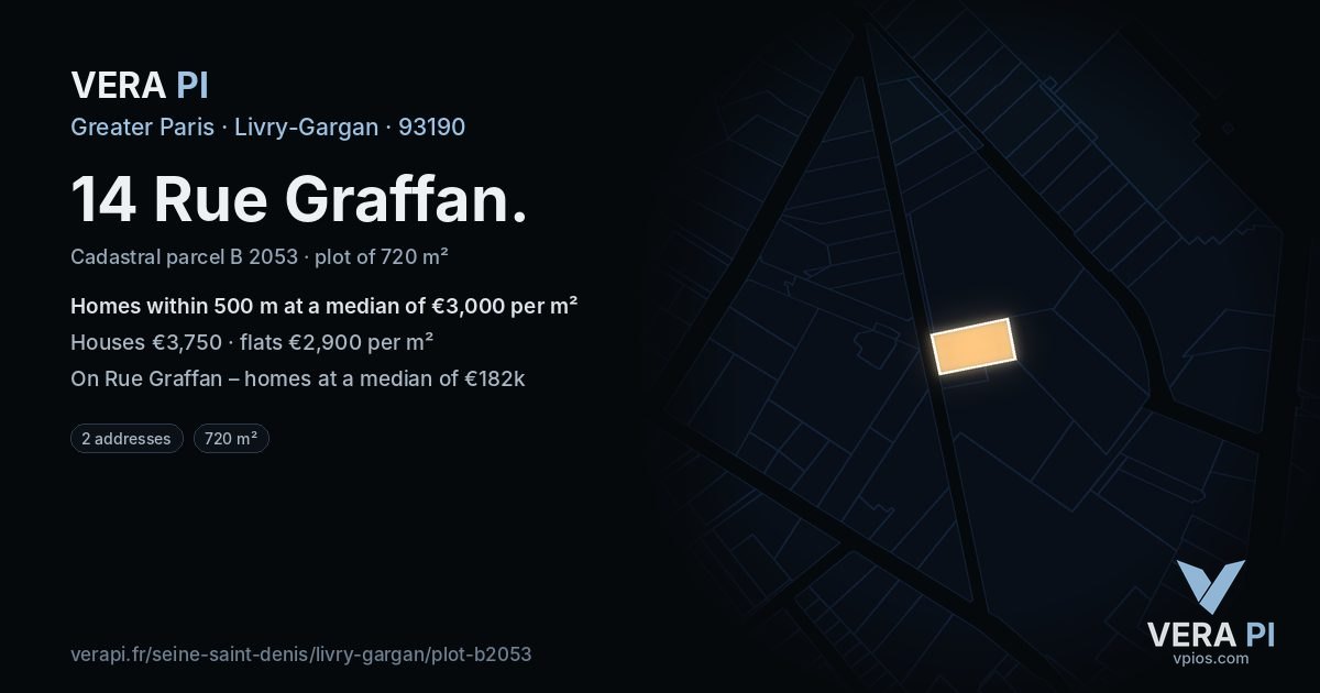 14 Rue Graffan, Livry-Gargan at night – the plot lit, the parcels around coloured by the prices near them