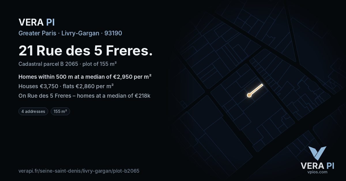 21 Rue des 5 Freres, Livry-Gargan at night – the plot lit, the parcels around coloured by the prices near them