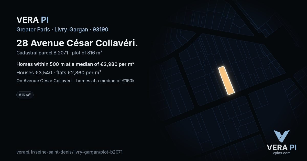 28 Avenue César Collavéri, Livry-Gargan at night – the plot lit, the parcels around coloured by the prices near them