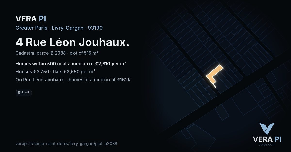 4 Rue Léon Jouhaux, Livry-Gargan at night – the plot lit, the parcels around coloured by the prices near them