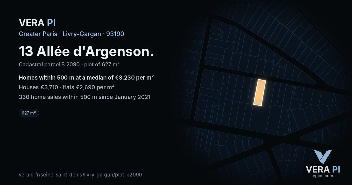 13 Allée d'Argenson, Livry-Gargan at night – the plot lit, the parcels around coloured by the prices near them