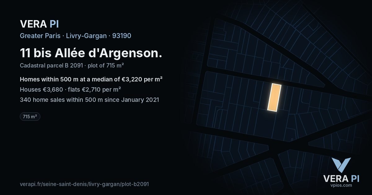 11 bis Allée d'Argenson, Livry-Gargan at night – the plot lit, the parcels around coloured by the prices near them