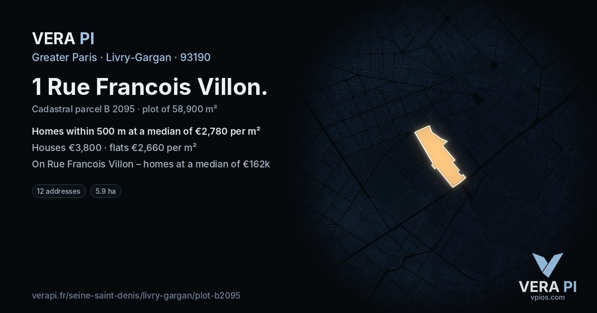 1 Rue Francois Villon, Livry-Gargan at night – the plot lit, the parcels around coloured by the prices near them
