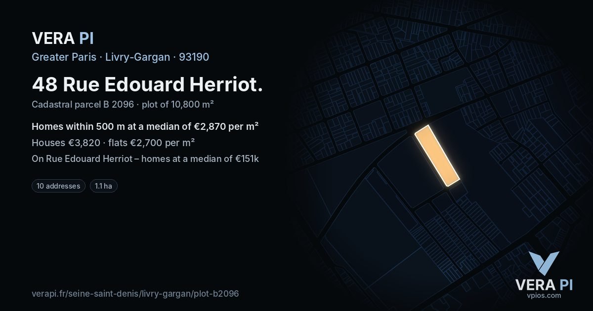 48 Rue Edouard Herriot, Livry-Gargan at night – the plot lit, the parcels around coloured by the prices near them