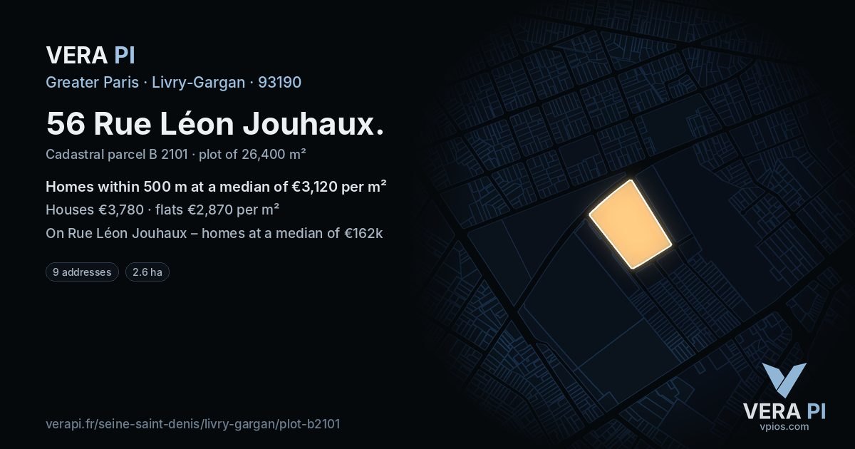 56 Rue Léon Jouhaux, Livry-Gargan at night – the plot lit, the parcels around coloured by the prices near them