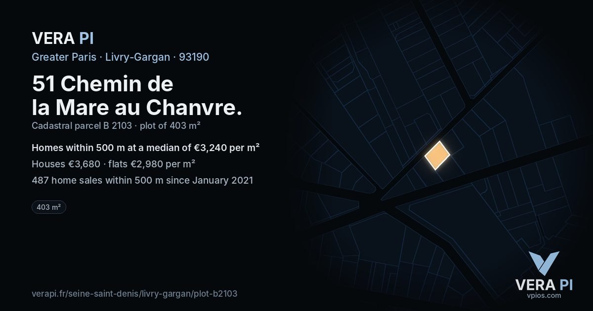 51 Chemin de la Mare au Chanvre, Livry-Gargan at night – the plot lit, the parcels around coloured by the prices near them