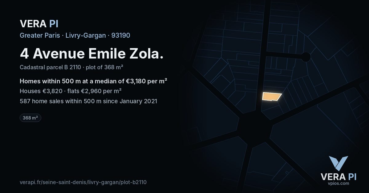 4 Avenue Emile Zola, Livry-Gargan at night – the plot lit, the parcels around coloured by the prices near them