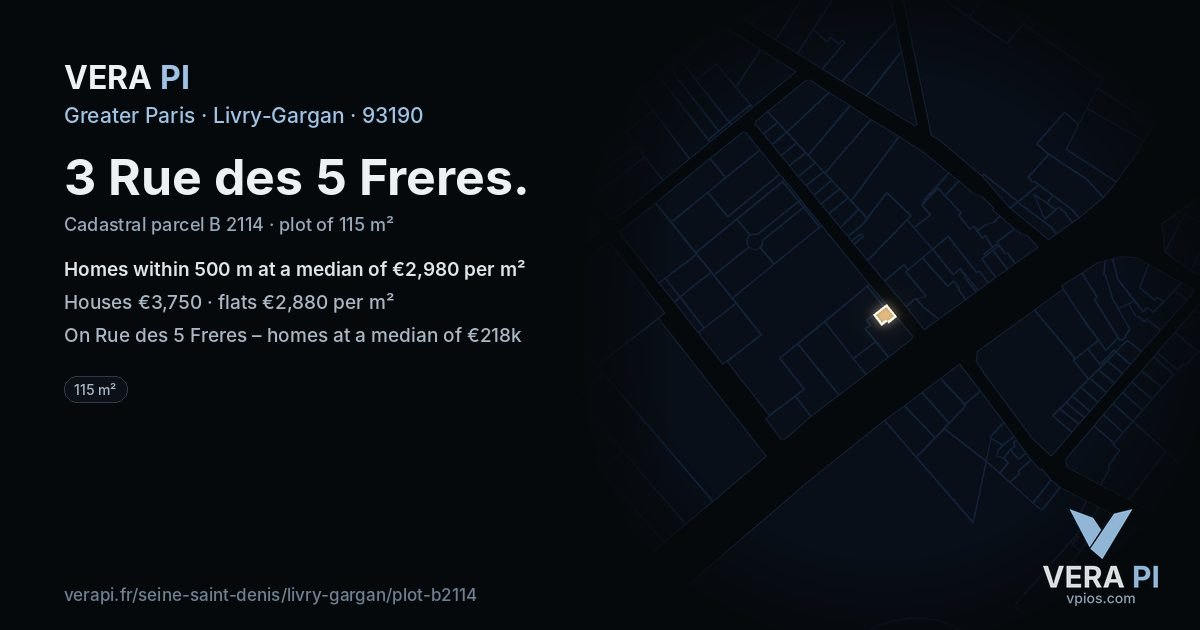 3 Rue des 5 Freres, Livry-Gargan at night – the plot lit, the parcels around coloured by the prices near them