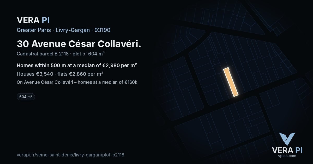 30 Avenue César Collavéri, Livry-Gargan at night – the plot lit, the parcels around coloured by the prices near them