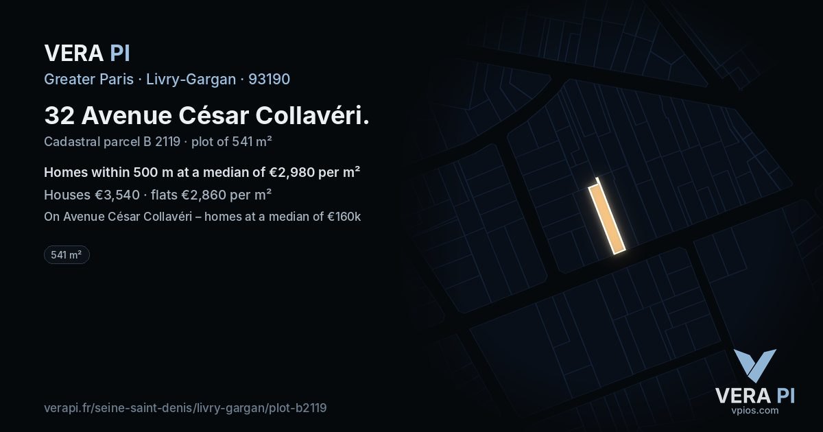 32 Avenue César Collavéri, Livry-Gargan at night – the plot lit, the parcels around coloured by the prices near them
