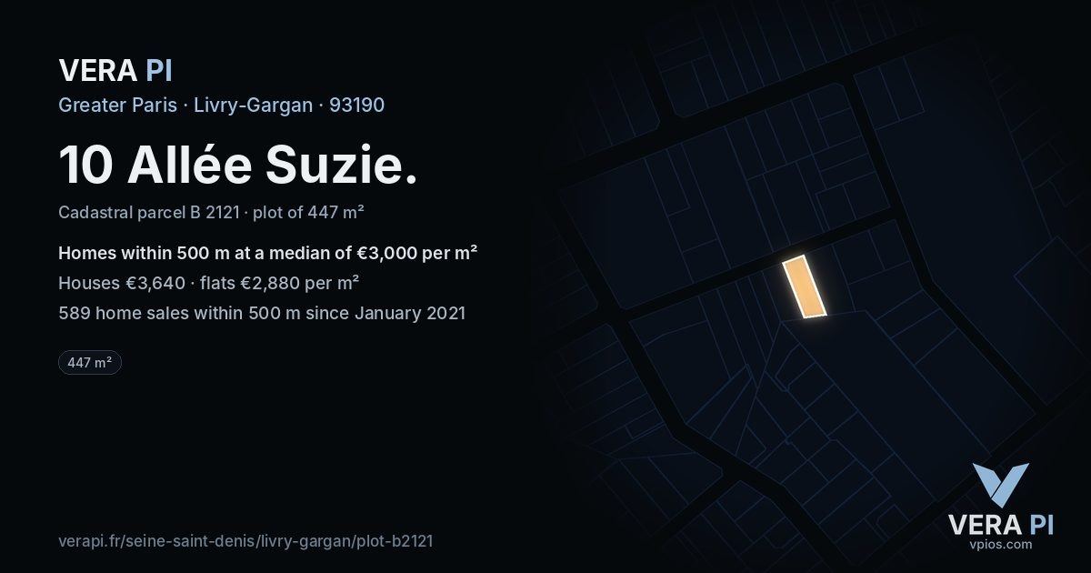 10 Allée Suzie, Livry-Gargan at night – the plot lit, the parcels around coloured by the prices near them