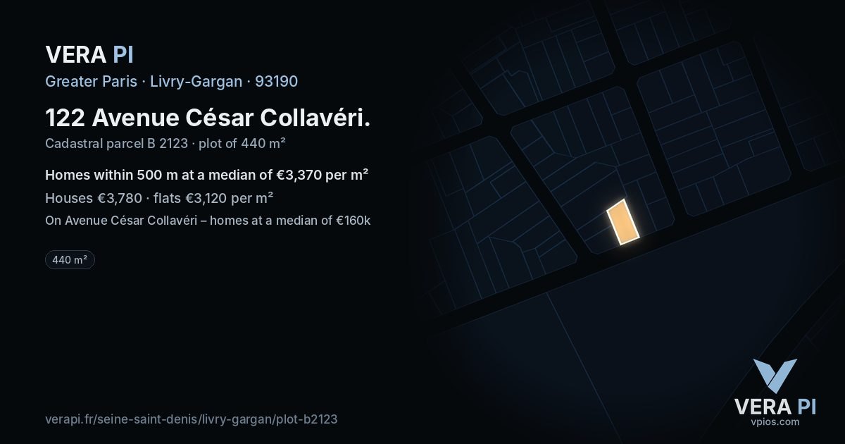 122 Avenue César Collavéri, Livry-Gargan at night – the plot lit, the parcels around coloured by the prices near them