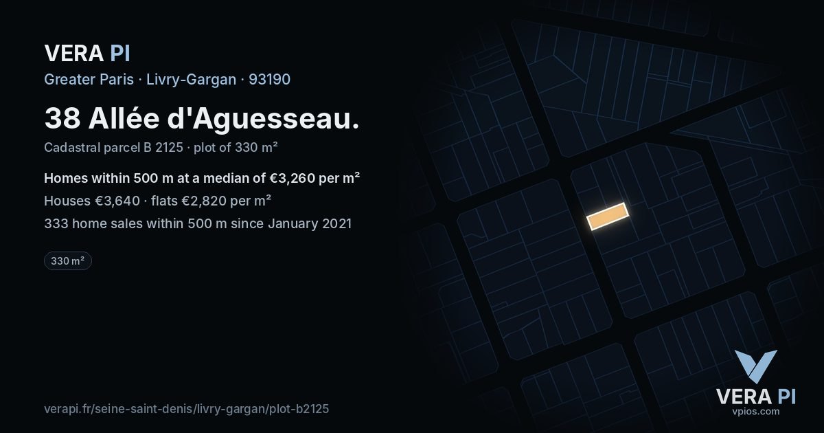 38 Allée d'Aguesseau, Livry-Gargan at night – the plot lit, the parcels around coloured by the prices near them