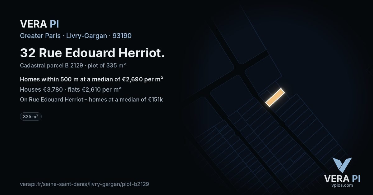 32 Rue Edouard Herriot, Livry-Gargan at night – the plot lit, the parcels around coloured by the prices near them