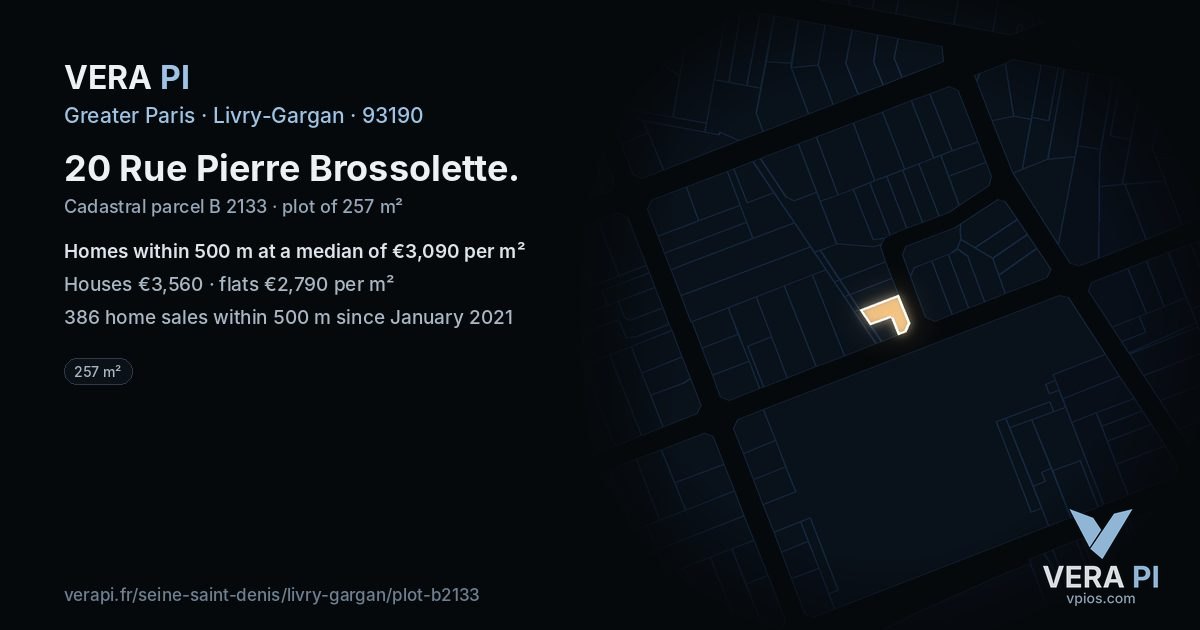 20 Rue Pierre Brossolette, Livry-Gargan at night – the plot lit, the parcels around coloured by the prices near them