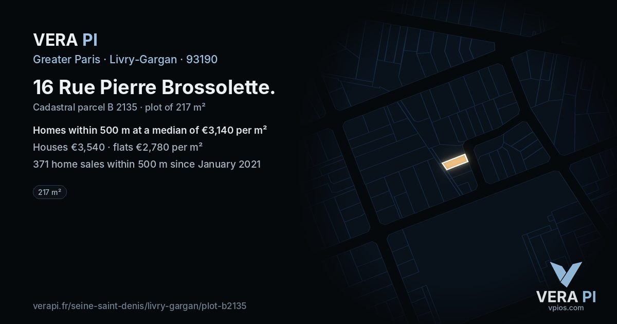 16 Rue Pierre Brossolette, Livry-Gargan at night – the plot lit, the parcels around coloured by the prices near them