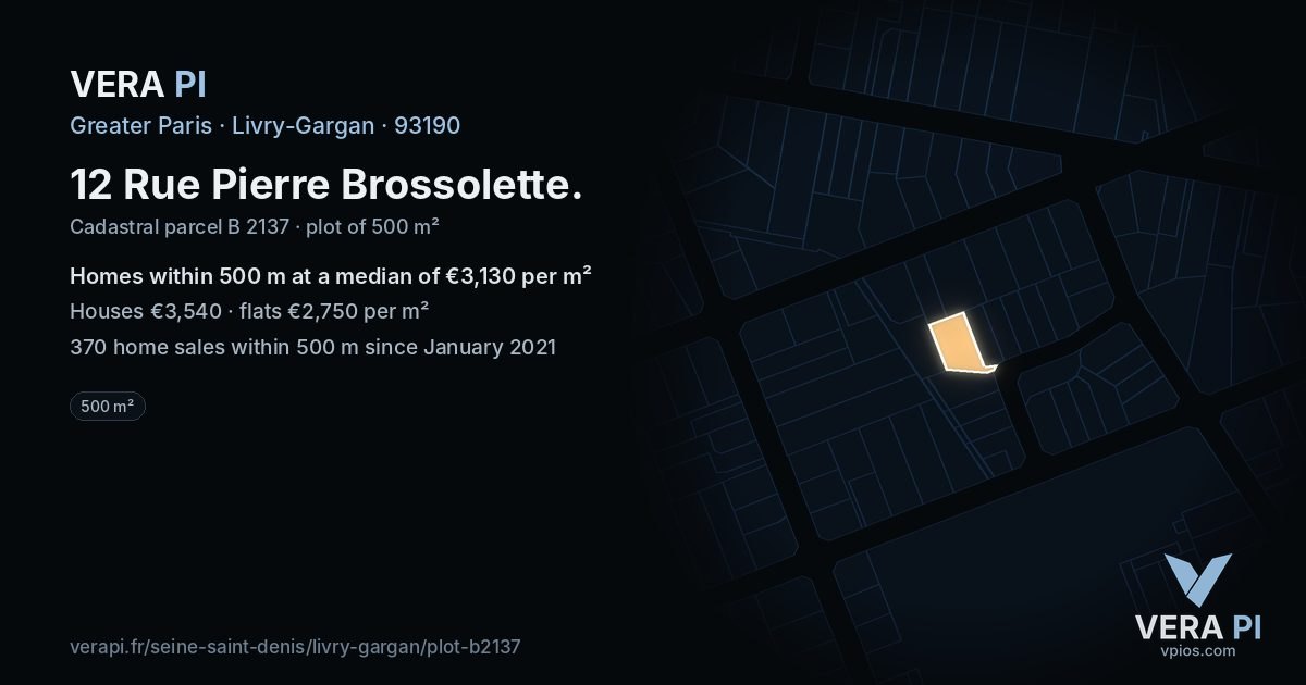 12 Rue Pierre Brossolette, Livry-Gargan at night – the plot lit, the parcels around coloured by the prices near them