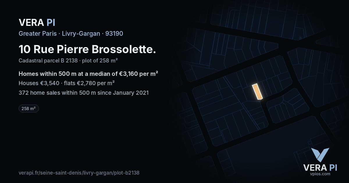 10 Rue Pierre Brossolette, Livry-Gargan at night – the plot lit, the parcels around coloured by the prices near them