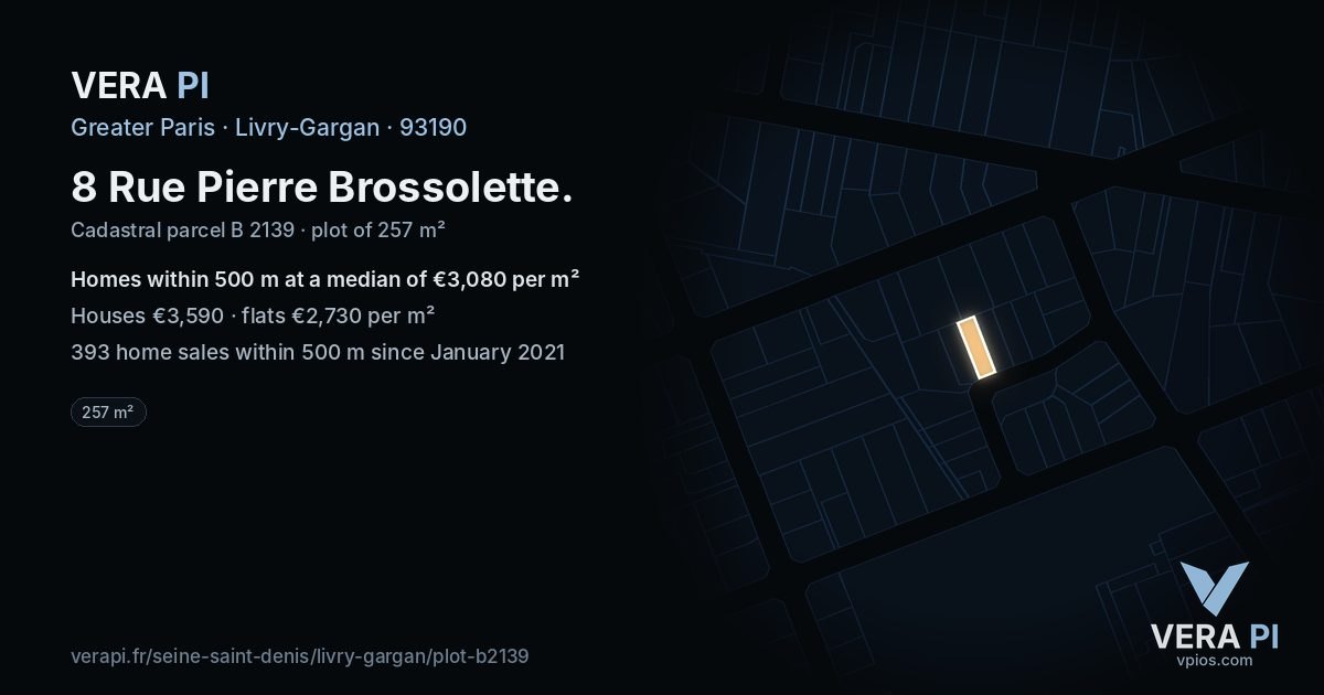 8 Rue Pierre Brossolette, Livry-Gargan at night – the plot lit, the parcels around coloured by the prices near them
